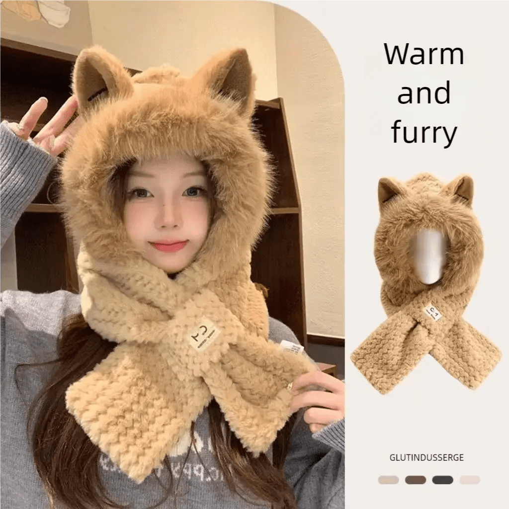 Cute Scarf Hat  Elegant Woman Warm One Piece Hat  Winter Skiing and Cycling Comfortable Warm Hooded Mask Plush Hat | Shopulia