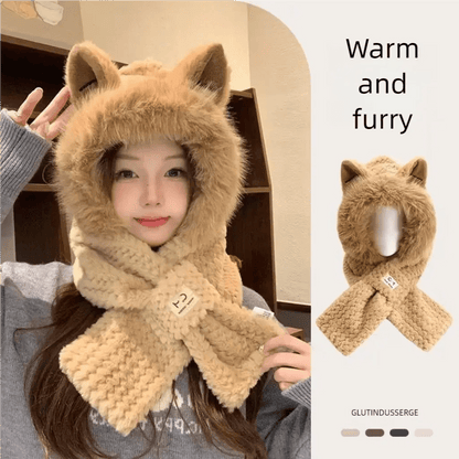 Cute Scarf Hat  Elegant Woman Warm One Piece Hat  Winter Skiing and Cycling Comfortable Warm Hooded Mask Plush Hat | Shopulia