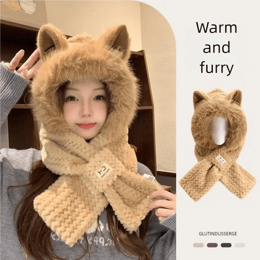 Cute Scarf Hat  Elegant Woman Warm One Piece Hat  Winter Skiing and Cycling Comfortable Warm Hooded Mask Plush Hat | Shopulia