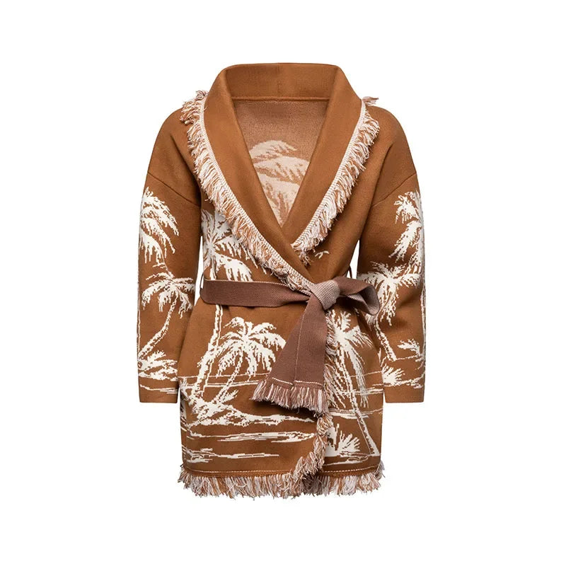 Elegant Printed Women's Full Sleeve Cardigan V-Neck Lace up Fringed Lady Coats Spring Fashion Street Outwear Medium Stretch Polyester Shopulia