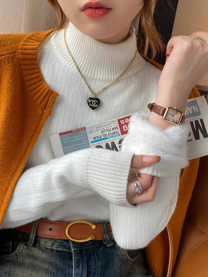Women's Turtleneck Sweater Winter 2025 Retro with Velvet Lining Thickened Inner Wear Thermal Knitting Bottoming Shirt Pullovers Shopulia
