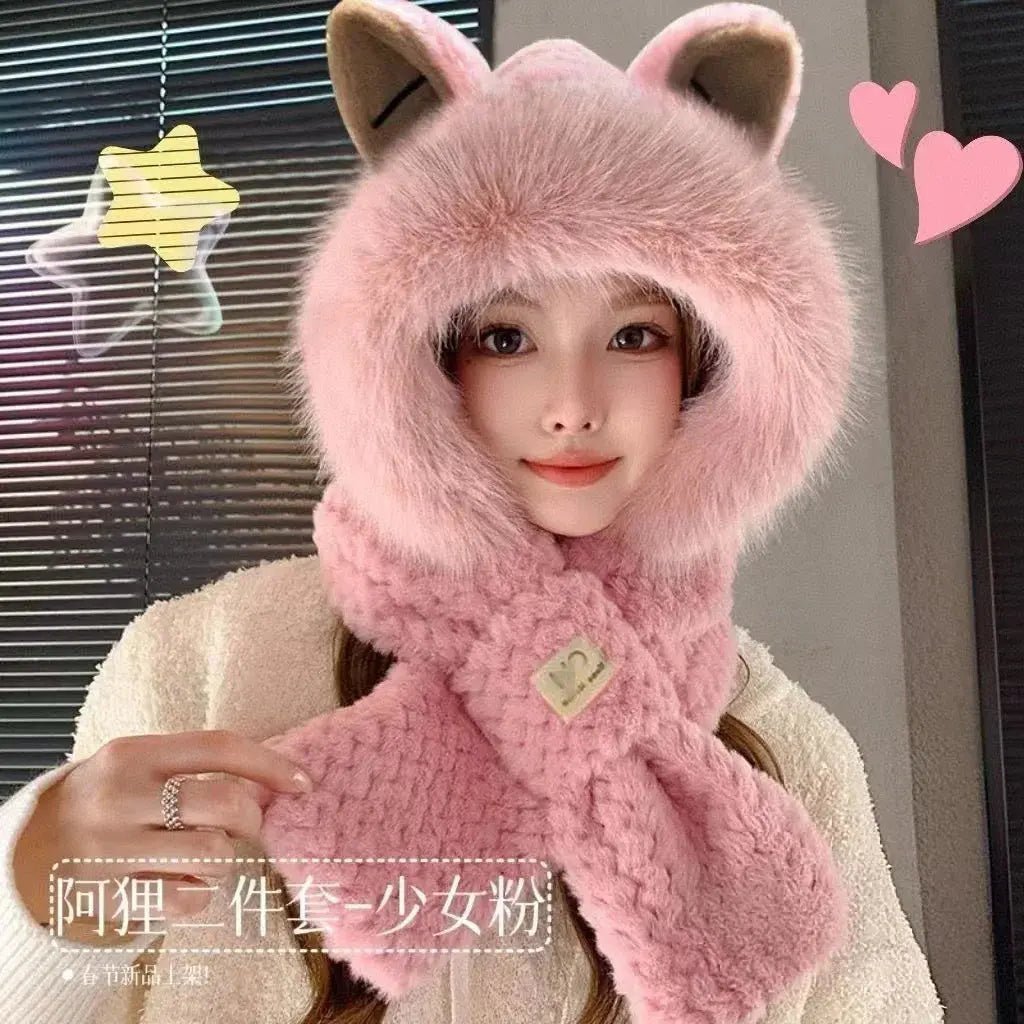 Cute Scarf Hat  Elegant Woman Warm One Piece Hat  Winter Skiing and Cycling Comfortable Warm Hooded Mask Plush Hat | Shopulia