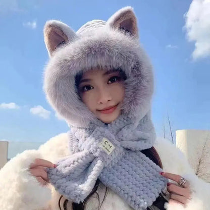 Cute Scarf Hat  Elegant Woman Warm One Piece Hat  Winter Skiing and Cycling Comfortable Warm Hooded Mask Plush Hat | Shopulia