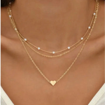 14K Gold Heart Pendant Waterproof 3-Piece Pearl Necklace Set - Shopulia