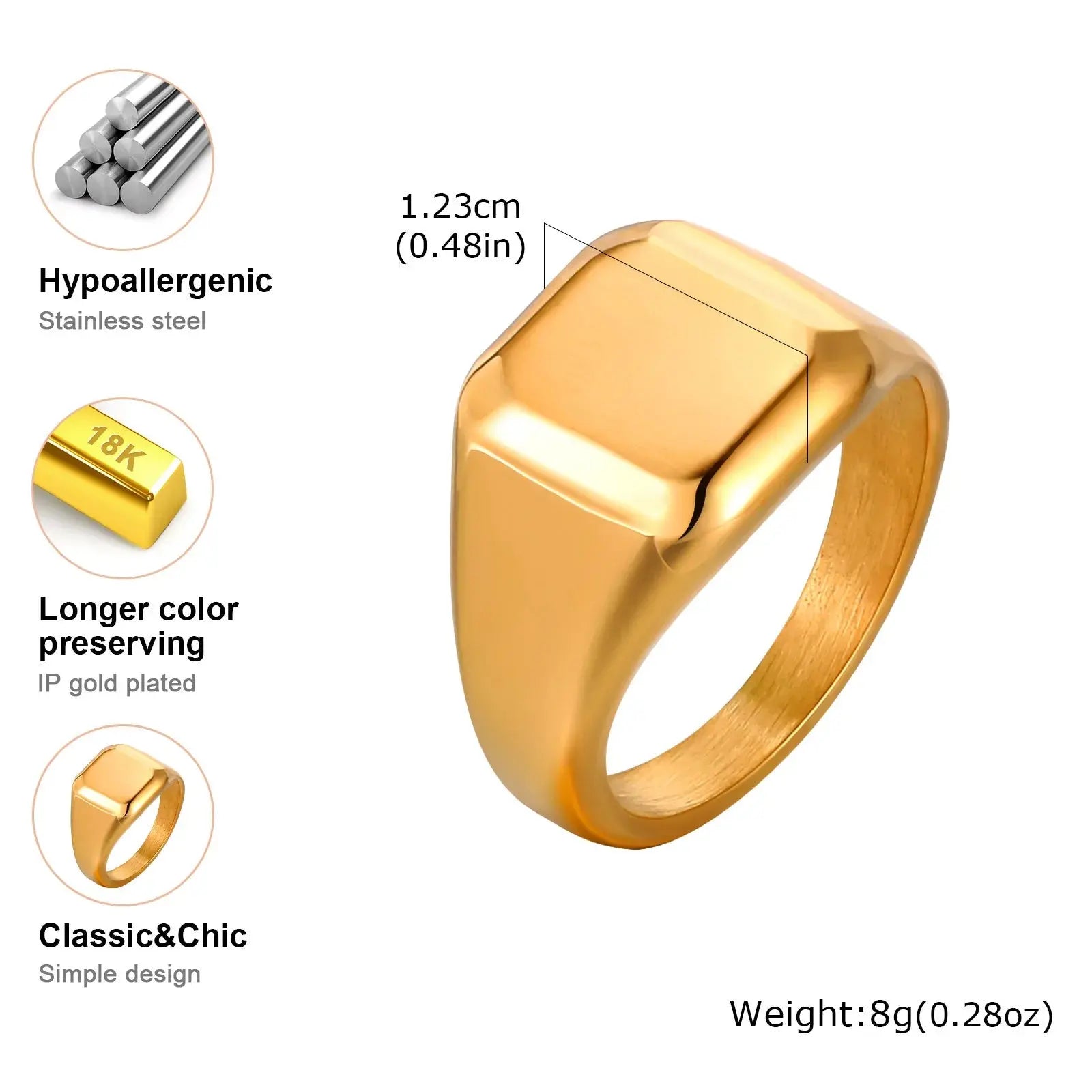 Square Signet Ring for Men Women,Gold Color Stainless Steel Ring Plain Band Ring,Statement Chunky Ring Band Thumb Ring Shopulia