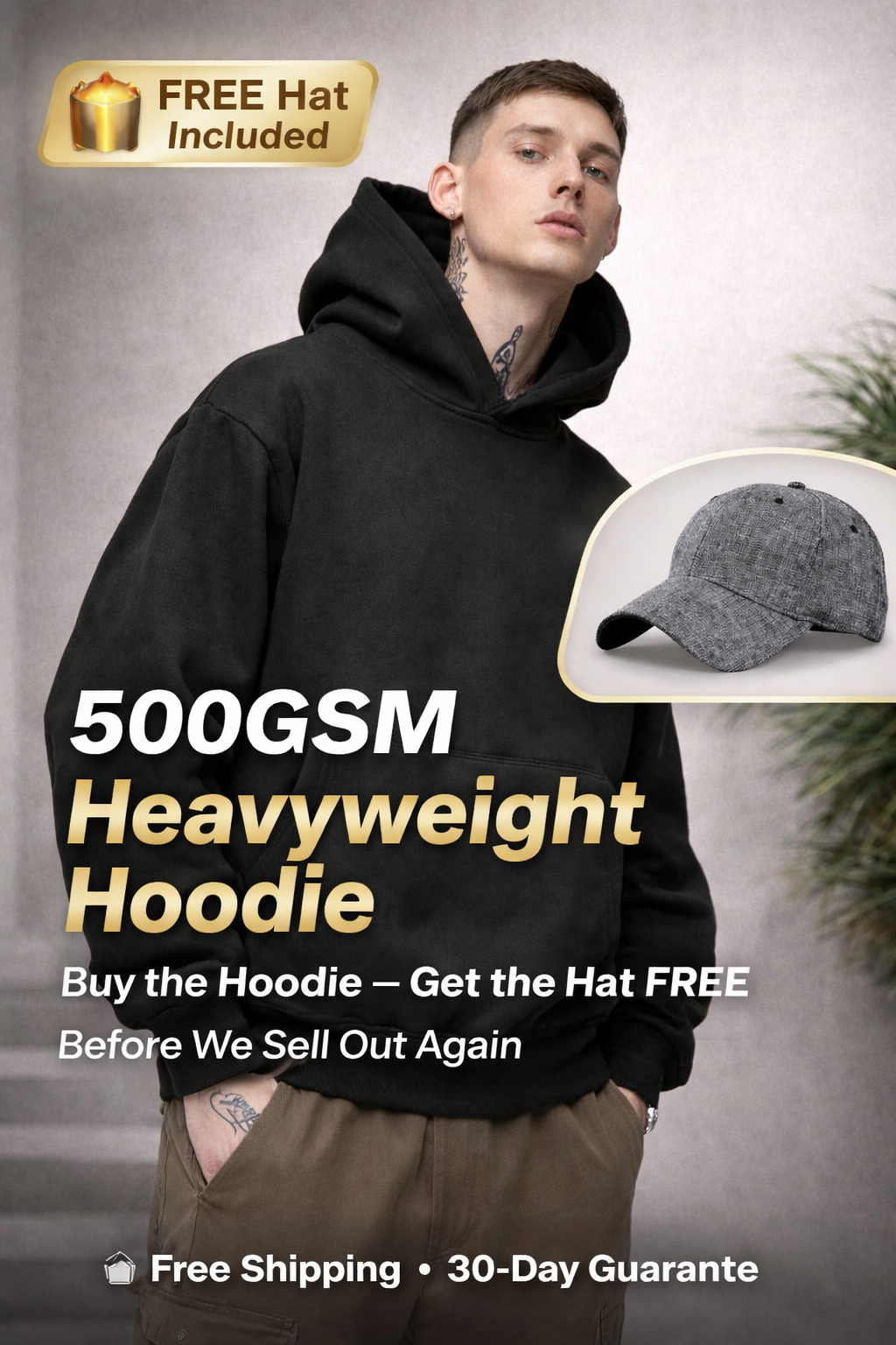 Unisex 500GSM Heavyweight Solid Color Cotton Hoodie with FREE Baseball Cap – Autumn Winter Pullover Shopulia